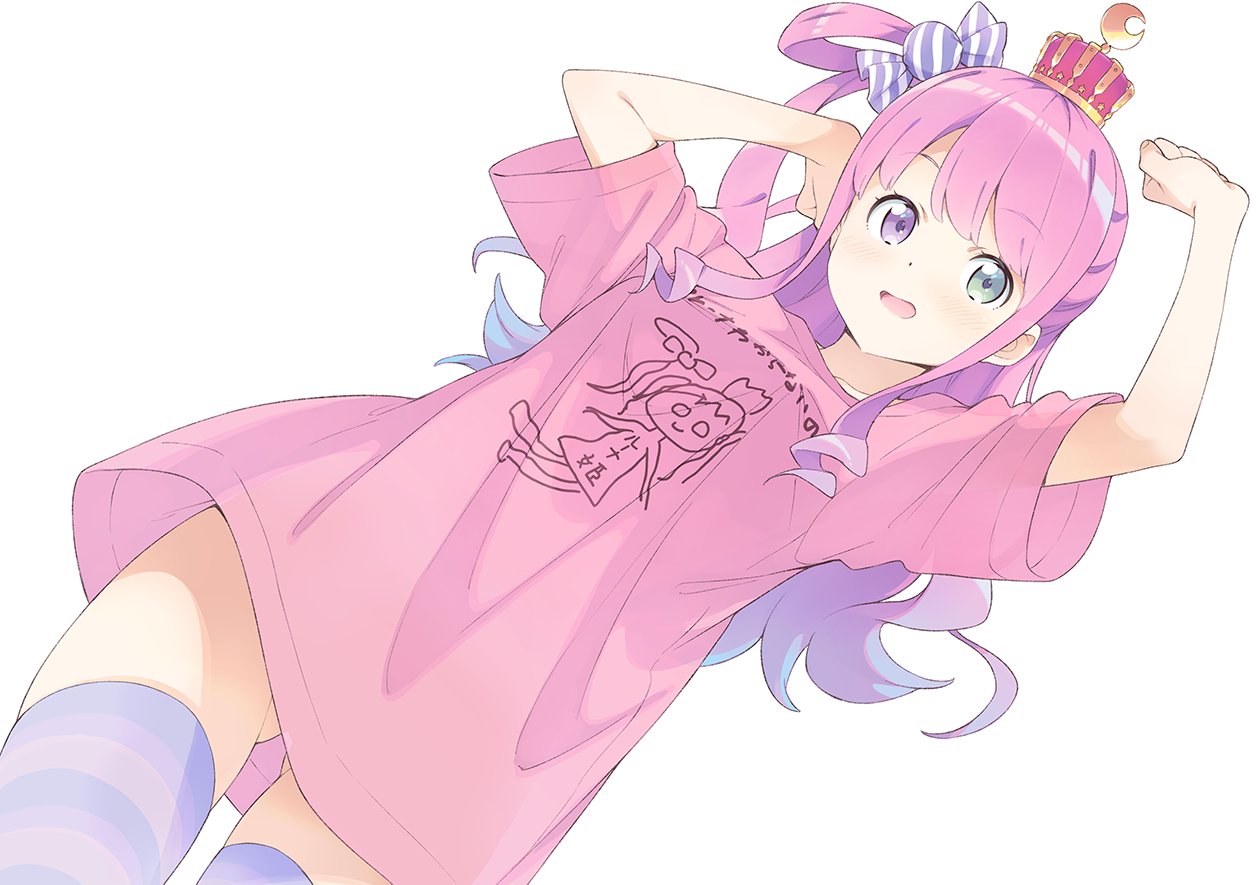 1girl arms_up ass_visible_through_thighs blue_hair blue_legwear blush candy_hair_ornament crown dutch_angle food_themed_hair_ornament gradient_hair green_eyes hair_ornament heterochromia himemori_luna hololive kanzaki_hiro long_hair looking_at_viewer multicolored_hair one_side_up open_mouth pink_hair pink_shirt ringlets shirt simple_background solo thigh-highs violet_eyes virtual_youtuber white_background