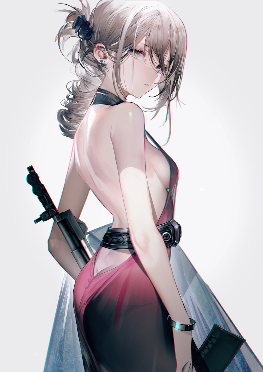 1girl an-94_(girls_frontline) bangs bare_shoulders belt black_belt black_dress bracelet breasts dress ear_piercing folded_ponytail girls_frontline gradient_dress grey_background grey_eyes grey_hair gun hair_up highres holding holding_gun holding_weapon jewelry liduke panties piercing purple_dress see-through sideboob simple_background small_breasts solo thong underwear weapon