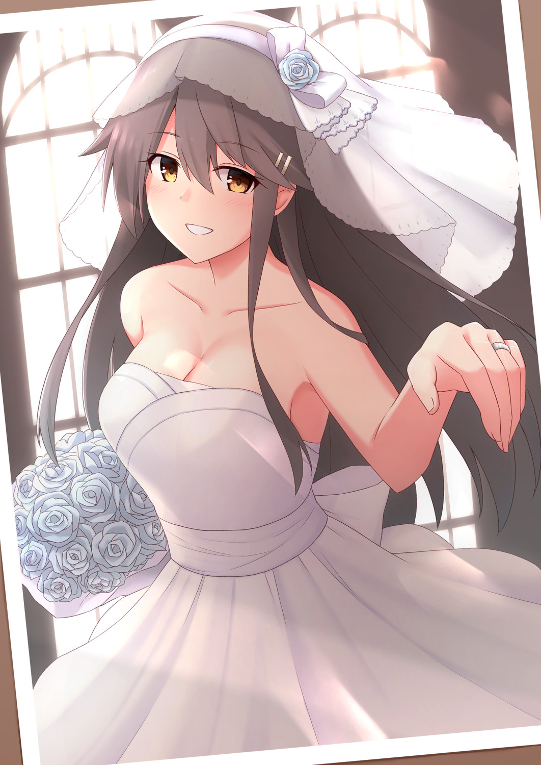 1girl akahi242 alternate_costume bouquet breasts bridal_veil bride brown_eyes collarbone dress flower grey_hair hair_ornament hairclip haruna_(kantai_collection) highres holding holding_bouquet jewelry kantai_collection long_hair medium_breasts photo_(object) ring solo strapless strapless_dress veil wedding_band wedding_dress white_dress