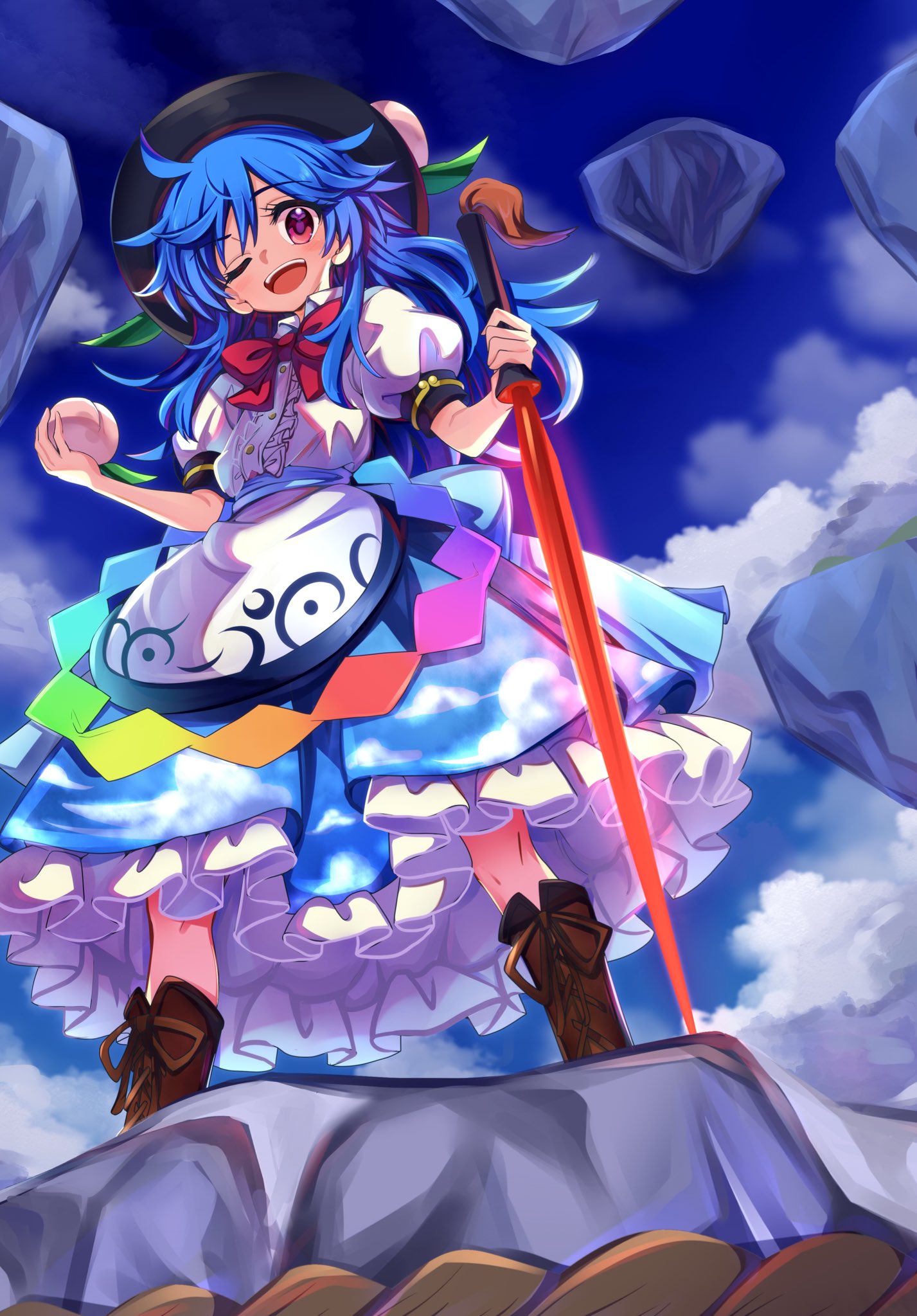 1girl baba_(baba_seimaijo) bangs black_headwear blue_hair blue_skirt boots bow bowtie brown_footwear clouds dress eyebrows_visible_through_hair food frilled_dress frills from_below fruit full_body hat highres hinanawi_tenshi holding holding_food holding_fruit holding_sword holding_weapon keystone leaf long_hair looking_at_viewer one_eye_closed open_mouth peach puffy_short_sleeves puffy_sleeves rainbow_order red_bow red_eyes red_neckwear rope shimenawa shirt short_sleeves skirt sky smile solo sword sword_of_hisou touhou weapon white_frills white_shirt white_sleeves