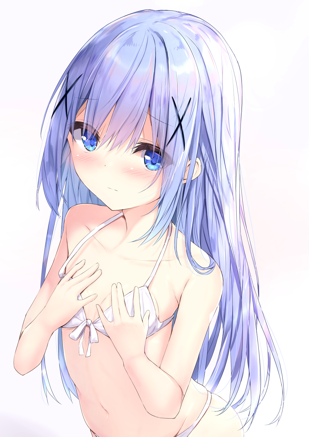 1girl bangs bare_arms bare_shoulders bikini blue_eyes blue_hair blush breasts closed_mouth commentary_request covering covering_breasts eyebrows_visible_through_hair front-tie_bikini front-tie_top gochuumon_wa_usagi_desu_ka? hair_between_eyes hair_ornament highres kafuu_chino kouda_suzu long_hair looking_at_viewer navel simple_background small_breasts solo swimsuit very_long_hair white_background white_bikini x_hair_ornament