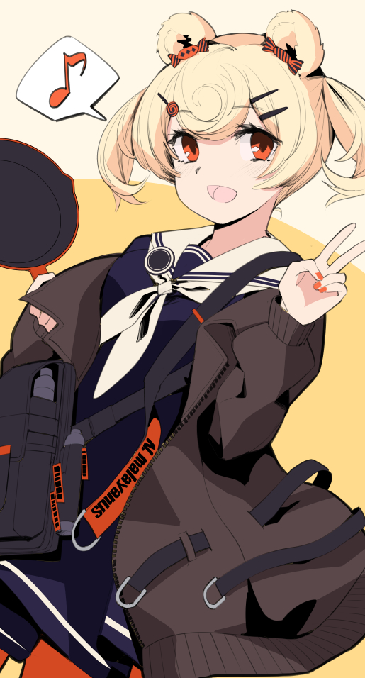 arknights black_shirt blonde_hair candy_hair_ornament closed_mouth commentary eyebrows_visible_through_hair food_themed_hair_ornament frying_pan gummy_(arknights) hair_ornament happy holding_frying_pan marble_(marblesized) medium_hair musical_note orange_eyes sailor_collar school_uniform serafuku shirt sketch smile solo twintails upper_body