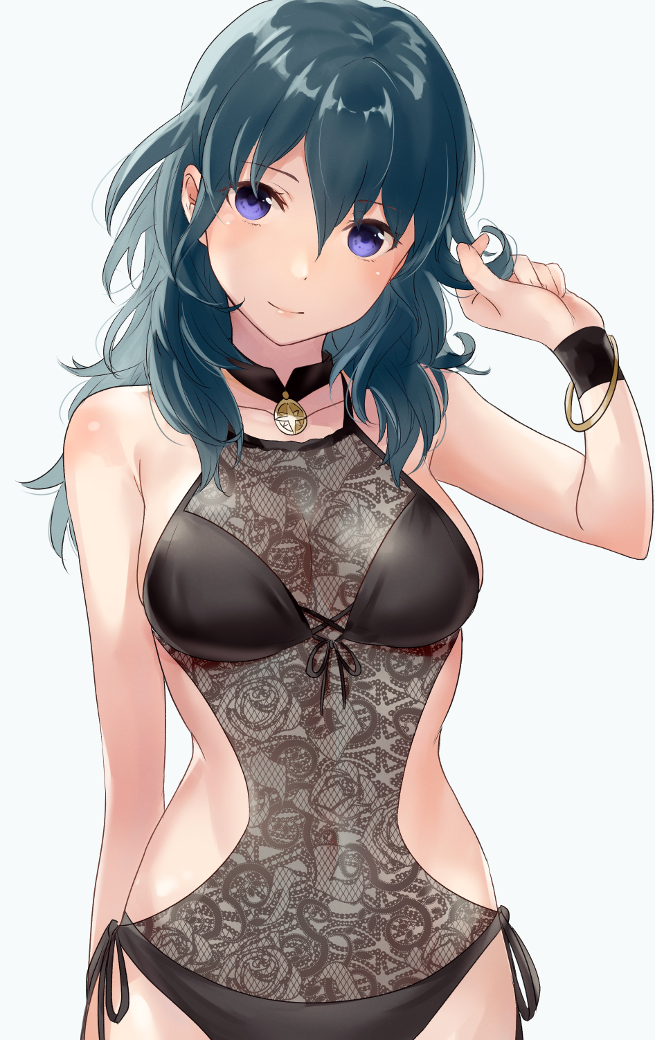 1girl adapted_costume alternate_costume bikini black_bikini black_choker black_swimsuit blue_background blue_hair blush bracelet breasts byleth_(fire_emblem) byleth_eisner_(female) choker closed_mouth commentary covered_navel cowboy_shot eyebrows_visible_through_hair fire_emblem fire_emblem:_three_houses hair_between_eyes haru_(nakajou-28) head_tilt highres holding holding_hair jewelry long_hair looking_at_viewer medallion medium_breasts side-tie_bikini simple_background smile solo swimsuit violet_eyes wristband