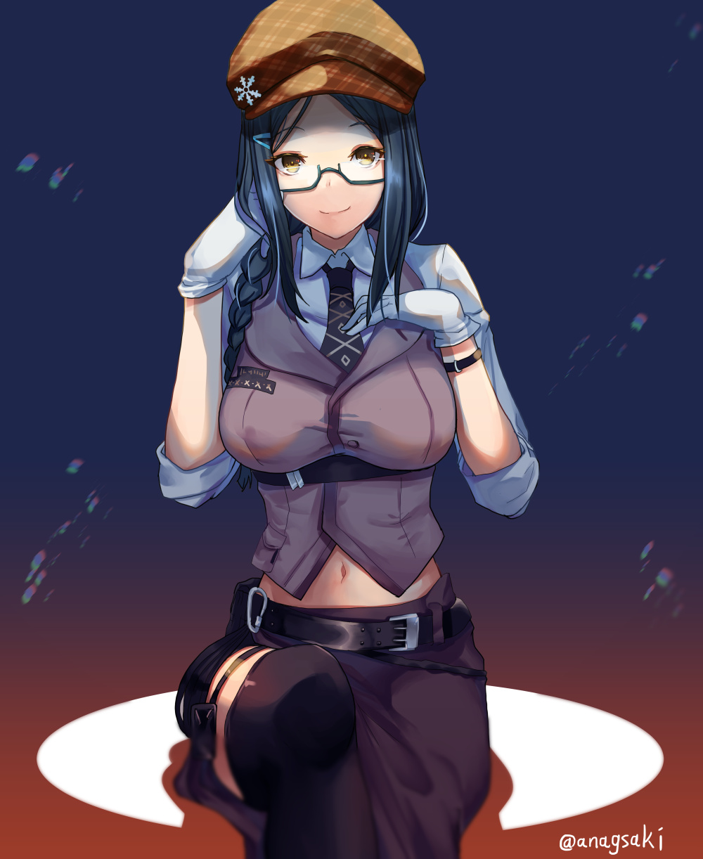 1girl aona_(kuuga19yuu) azur_lane belt braid breasts brown_headwear gloves grey_hair grey_vest highres large_breasts long_skirt navel necktie semi-rimless_eyewear shangri-la_(azur_lane) shangri-la_(explorer_of_the_lost_world)_(azur_lane) shirt skirt solo vest white_gloves white_shirt yellow_eyes