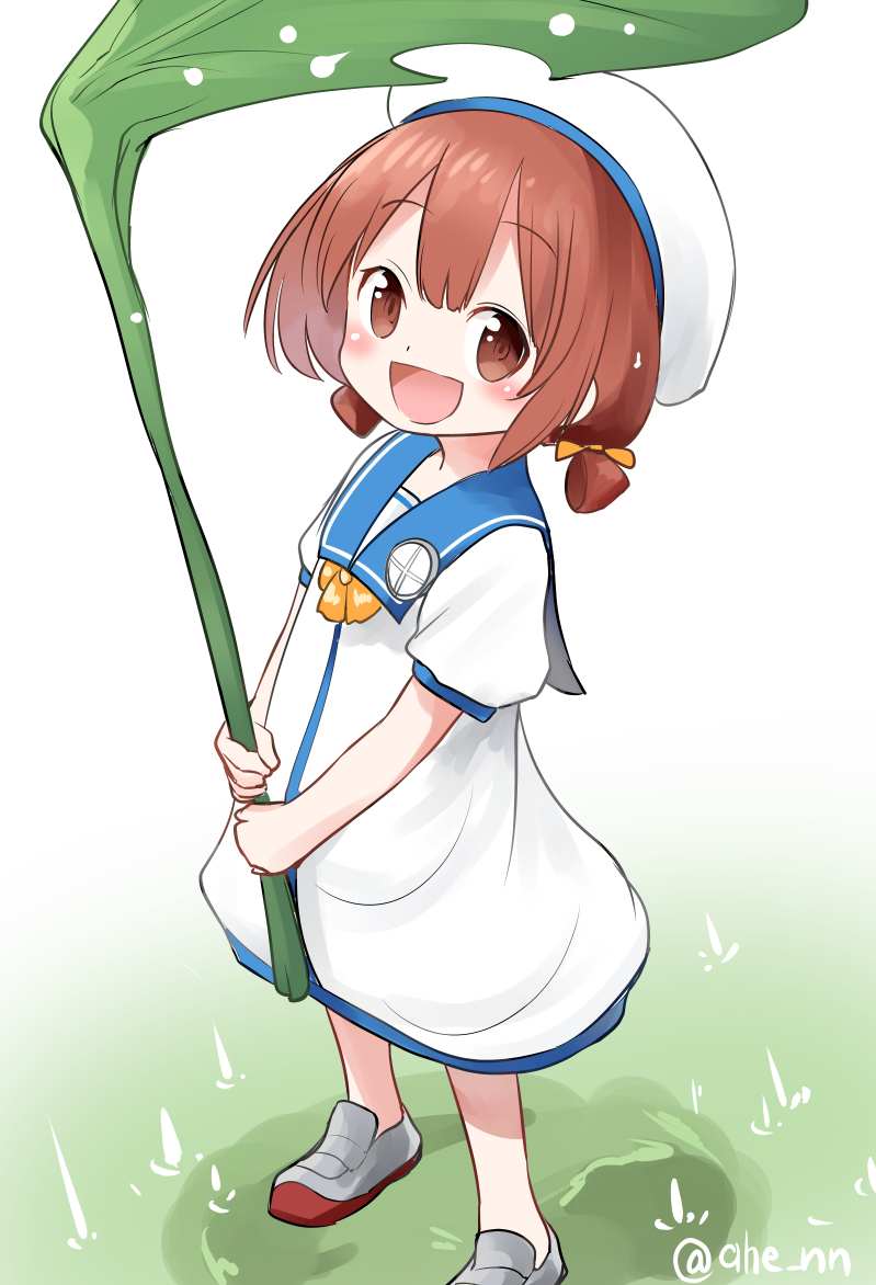 1girl :d ahenn dress eyebrows_visible_through_hair hair_between_eyes hat holding holding_leaf kaiboukan_no.4_(kantai_collection) kantai_collection leaf leaf_umbrella looking_at_viewer open_mouth red_eyes redhead sailor_dress sailor_hat short_hair short_sleeves smile solo standing twitter_username white_dress white_headwear