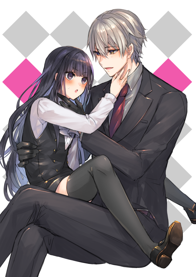 1boy 1girl bangs black_dress black_hair black_jacket black_legwear black_pants brown_eyes brown_footwear collared_shirt commentary_request crossed_legs dress eyebrows_visible_through_hair feet_out_of_frame grey_hair grey_shirt hair_between_eyes inu_x_boku_ss jacket loafers long_hair long_sleeves miketsukami_soushi necktie pants red_neckwear shikino_yuki shirakiin_ririchiyo shirt shoe_soles shoes sitting sleeveless sleeveless_dress thigh-highs v-shaped_eyebrows very_long_hair violet_eyes white_shirt