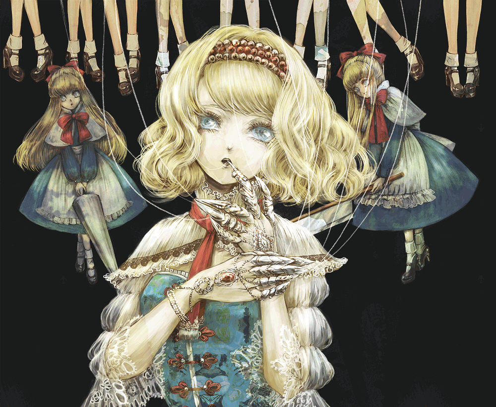 alice_margatroid alternate_costume bangs blonde_hair blue_dress blue_eyes capelet doll doll_joints dress gem hairband headpiece jewelry joints nazo_(mystery) open_mouth puffy_sleeves puppet_strings shanghai_doll short_hair string touhou