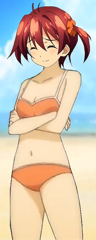 ahoge bare_arms beach bikini blush closed_eyes closed_mouth clouds collarbone crossed_arms hair_ornament isshiki_akane ocean raised_eyebrows redhead short_hair sky smile swimsuit twintails vividred_operation