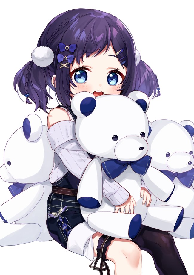 1girl :d aiba_uiha bangs bare_shoulders black_legwear blue_eyes blush bow braid eyebrows_visible_through_hair feet_out_of_frame hair_bow hair_ornament hairclip long_sleeves looking_at_viewer mole mole_under_eye nijisanji object_hug off-shoulder_sweater off_shoulder open_mouth overall_shorts purple_bow purple_hair ribbed_sweater round_teeth sidelocks simple_background single_thighhigh sitting sleeves_past_wrists smile solo stuffed_animal stuffed_toy sweater teddy_bear teeth thigh-highs twintails upper_teeth virtual_youtuber white_background white_sweater yamabukiiro younger