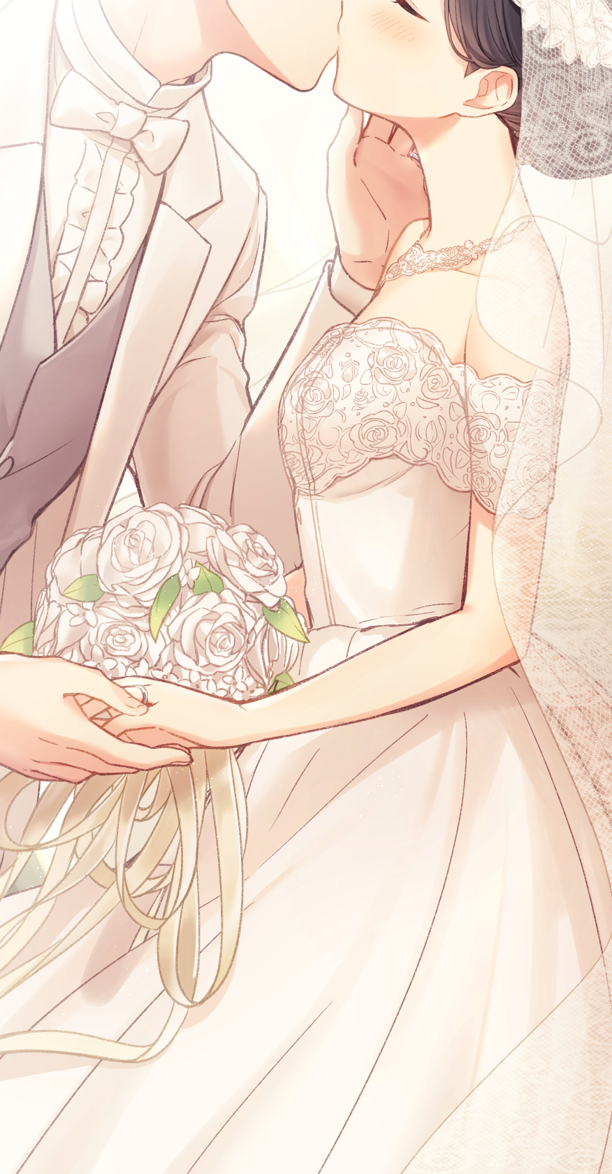 bare_shoulders black_hair blush bouquet bow bowtie breasts bridal_veil closed_eyes collarbone dress flower formal highres holding_hands jewelry juugonichi_(wheeliex2) kaguya-sama_wa_kokurasetai_~tensai-tachi_no_renai_zunousen~ kiss married medium_breasts ring shinomiya_kaguya shirogane_miyuki suit veil wedding wedding_band wedding_dress