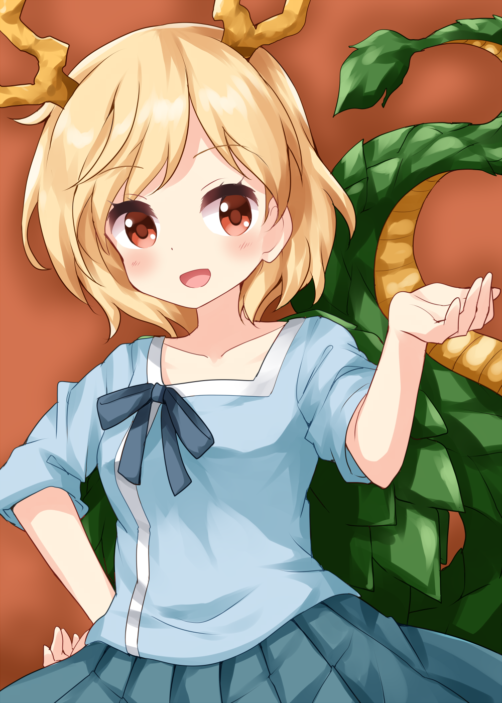 1girl blonde_hair blue_shirt collarbone dragon_girl dragon_horns dragon_tail eyebrows_visible_through_hair hand_on_hip highres horns kicchou_yachie open_mouth orange_background pleated_skirt red_eyes ribbon ruu_(tksymkw) shirt short_hair skirt solo tail touhou turtle_shell upper_body