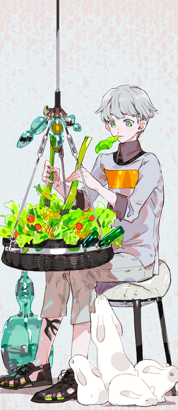 1boy animal eating food full_body green_eyes grey_hair leg_tattoo lettuce nishihara_isao original rabbit salad sandals short_hair sitting solo tattoo tomato vegetable