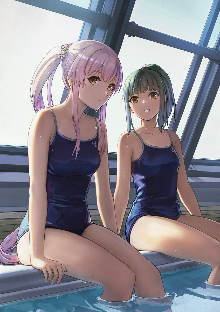 1girl blue_swimsuit breasts brown_eyes commentary_request competition_school_swimsuit green_hair highres indoors kantai_collection long_hair looking_at_viewer medium_breasts pink_hair ponytail pool poolside rei_no_pool school_swimsuit sitting soaking_feet solo swimsuit tantaka very_long_hair water wet yellow_eyes yura_(kantai_collection) yuubari_(kantai_collection)