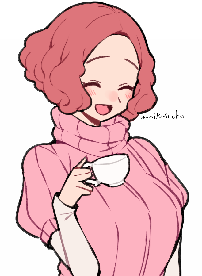 1girl :d arm_up artist_name blush brown_hair closed_eyes cup do_m_kaeru holding holding_cup long_sleeves okumura_haru open_mouth persona persona_5 pink_sweater ribbed_sweater short_over_long_sleeves short_sleeves smile solo sweater teacup turtleneck white_background