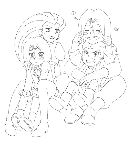 angry blush child kojirou_(pokemon) musashi_(pokemon) nyarths3 pokemon pokemon_(anime) sitting sitting_on_lap sitting_on_person team_rocket uncolored