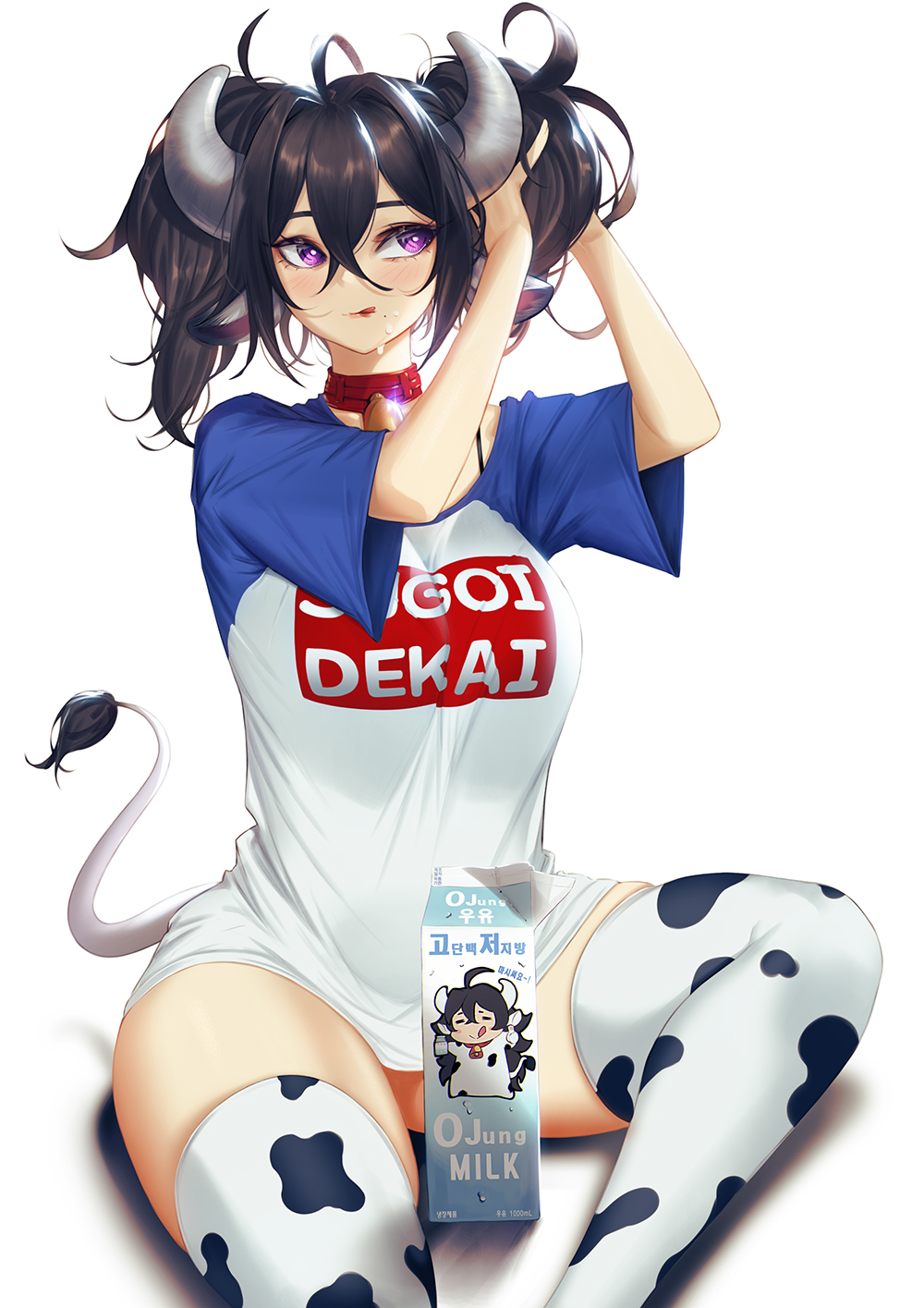 1girl ahoge animal_ears animal_print bangs blueorca breasts collar cow_ears cow_girl cow_horns cow_print cow_tail hair_between_eyes highres horns large_breasts messy_hair milk_carton mole mole_under_mouth no_pants original print_legwear print_shirt red_collar shirt simple_background sitting skindentation solo sugoi_dekai t-shirt tail thigh-highs tongue tongue_out twintails tying_hair violet_eyes wet white_background