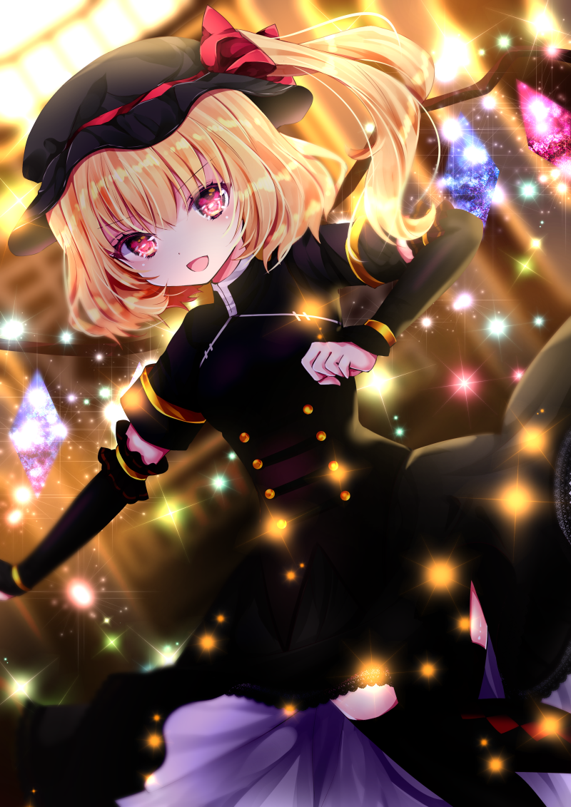1girl alternate_costume black_dress black_headwear black_legwear blonde_hair blurry blurry_background commentary_request crystal detached_sleeves double-breasted dress eyebrows_visible_through_hair flandre_scarlet flat_chest hair_between_eyes leg_up light_particles looking_at_viewer medium_hair nanase_nao open_mouth outstretched_arm red_eyes short_sleeves side_ponytail solo thigh-highs touhou wings