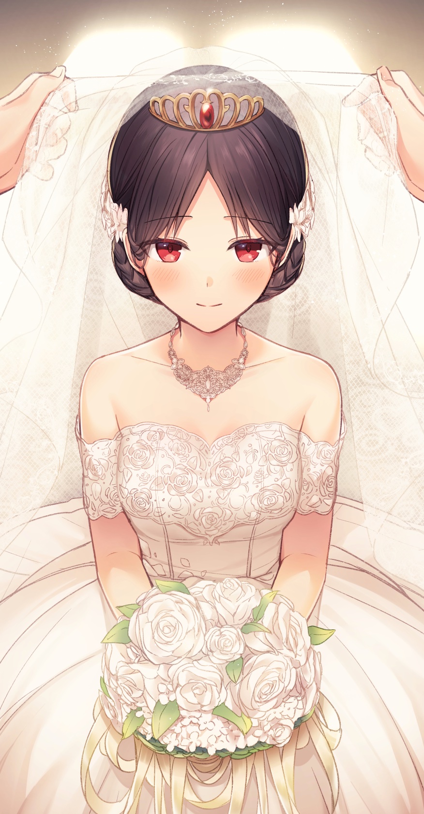 1boy 1girl bare_shoulders black_hair blush bouquet breasts bridal_veil closed_eyes collarbone dress flower highres juugonichi_(wheeliex2) kaguya-sama_wa_kokurasetai_~tensai-tachi_no_renai_zunousen~ looking_at_viewer medium_breasts pov red_eyes shinomiya_kaguya short_hair smile tiara veil veil_lift wedding_dress