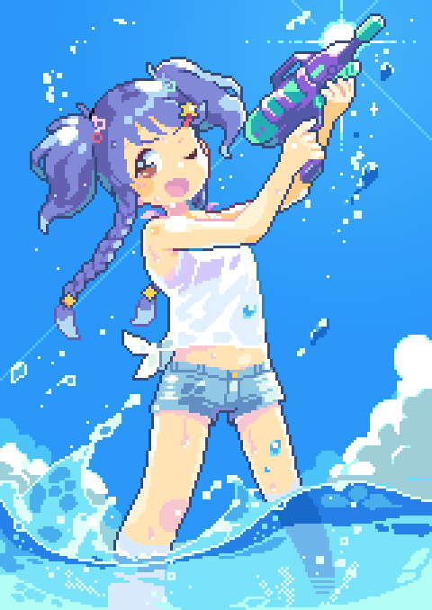 1girl blue_hair braid hair_ornament hairclip idolmaster idolmaster_cinderella_girls in_water midriff miyoshi_sana one_eye_closed open_mouth outdoors oyuzaki_(ayuzaki) pixel_art shirt shorts solo standing sunlight tied_shirt twin_braids two_side_up water_gun wet