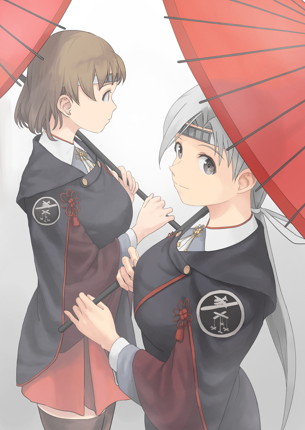 2girls bangs black_legwear breasts brown_hair chitose_(kantai_collection) chiyoda_(kantai_collection) closed_mouth grey_background grey_eyes hair_ribbon headband highres holding holding_umbrella japanese_clothes kantai_collection long_hair long_sleeves multiple_girls oriental_umbrella raincoat ribbon short_hair silver_hair simple_background taruya thigh-highs umbrella