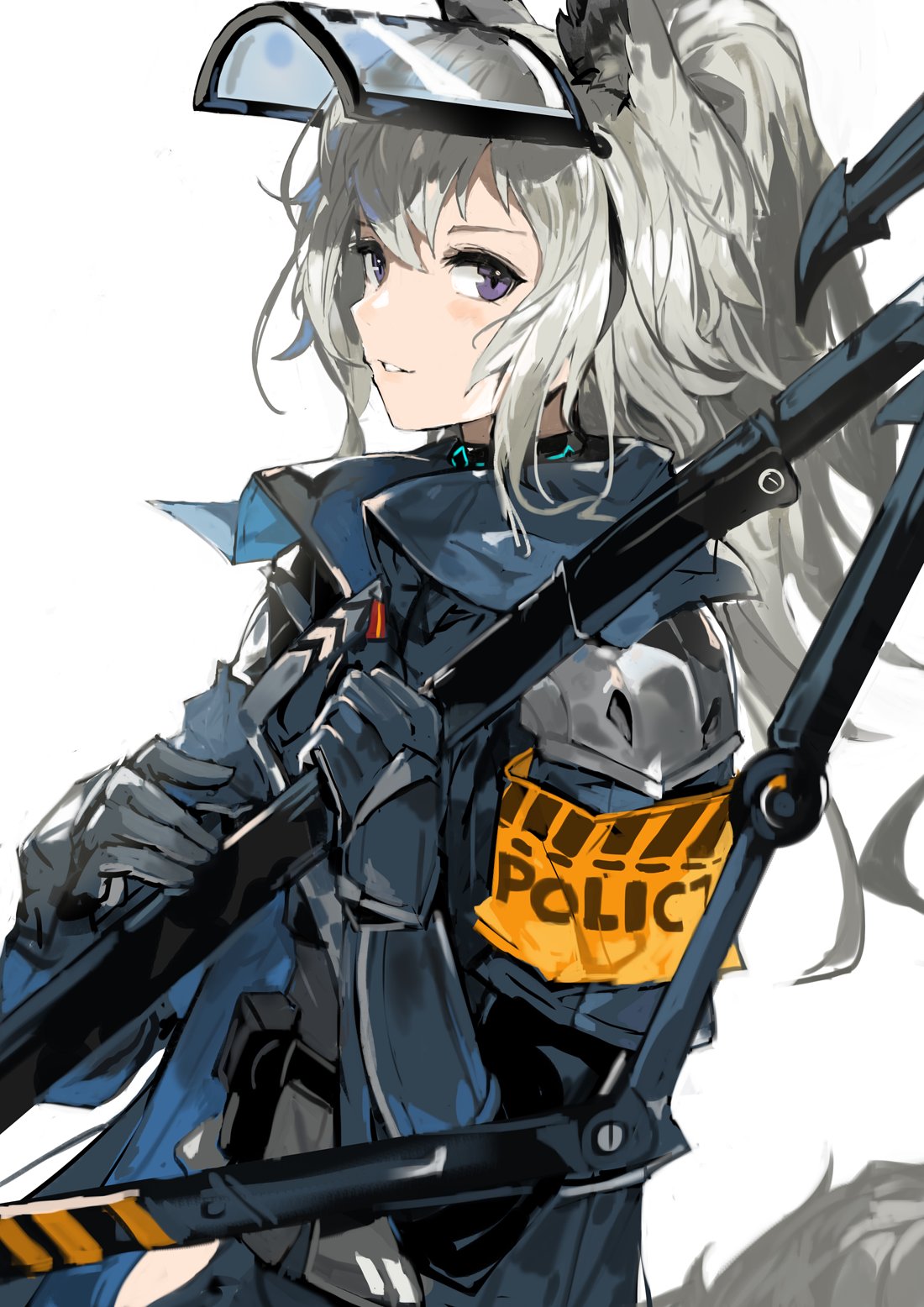 1girl alchemaniac animal_ear_fluff animal_ears arknights armband blue_jacket blush commentary cowboy_shot eyebrows_visible_through_hair from_side gloves grani_(arknights) grey_gloves grin highres holding holding_weapon horse_ears horse_tail jacket long_hair looking_at_viewer ponytail shoulder_armor silver_hair simple_background smile solo symbol_commentary tail violet_eyes visor weapon white_background