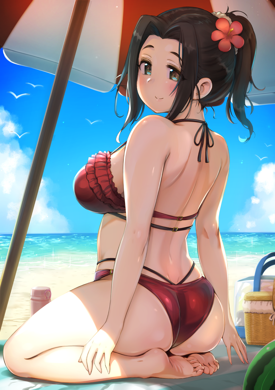 1girl ass back bare_arms bare_shoulders barefoot basket beach beach_towel beach_umbrella bikini black_eyes black_hair blue_sky day ebihara_naho from_behind full_body hair_ornament hair_scrunchie highres horizon idolmaster idolmaster_cinderella_girls long_hair looking_at_viewer looking_back ocean outdoors ponytail red_bikini scrunchie sitting sky smile soles solo summer swimsuit toruneko towel umbrella wariza white_scrunchie