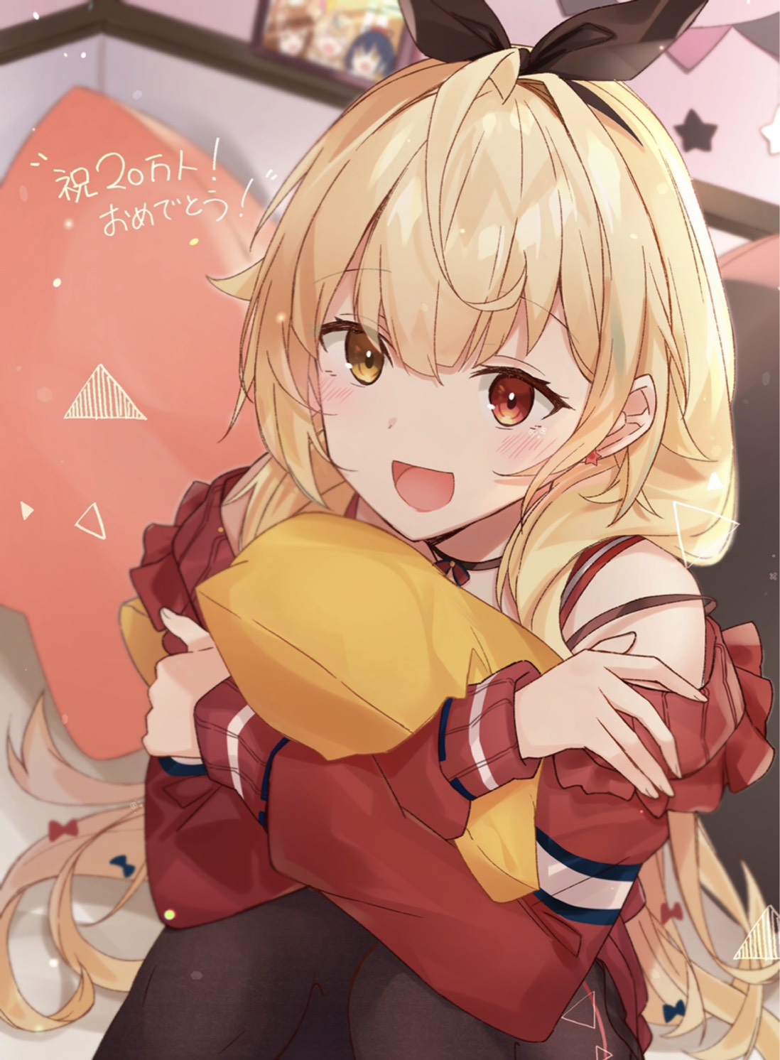 1girl :d ahoge bangs bare_shoulders black_hairband black_legwear black_ribbon blonde_hair blurry blurry_background blush brown_eyes commentary_request depth_of_field earrings eyebrows_visible_through_hair hair_between_eyes hair_ribbon hairband heterochromia highres hikari_yui hoshikawa_sara indoors jewelry knees_up long_hair long_sleeves nijisanji off-shoulder_sweater off_shoulder open_mouth pantyhose pillow pillow_hug red_eyes red_sweater ribbon sitting sleeves_past_wrists smile solo star_(symbol) star_earrings sweater translation_request very_long_hair virtual_youtuber