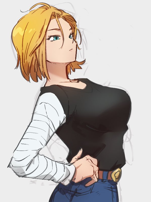 1girl android android_18 belt black_shirt blue_eyes closed_mouth dragon_ball dragon_ball_z grey_background kemachiku long_sleeves pants shirt simple_background solo