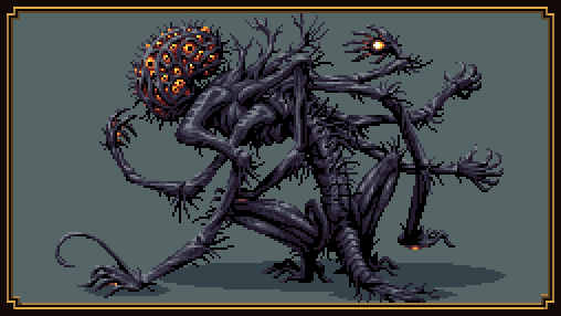 amygdala bloodborne eldritch_abomination extra_arms extra_eyes eyes glowing monster no_humans orange_eyes pixel_art spine squatting standing tail tree_branch wolfenoctis