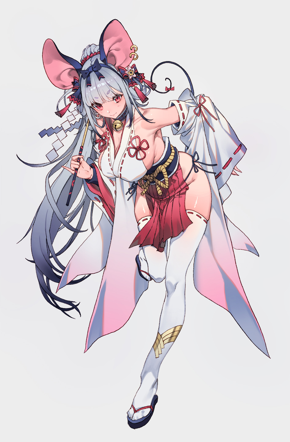 1girl 2020 animal_ears armpits bell bell_collar bow breasts chinese_zodiac closed_mouth collar commentary detached_sleeves ear_piercing fake_animal_ears full_body gohei grey_background grey_hair hair_bow highres japanese_clothes jingle_bell large_breasts leaning_forward long_hair long_sleeves looking_at_viewer mouse_ears mouse_tail nontraditional_miko olys original panties piercing ponytail red_eyes revealing_clothes ribbon-trimmed_sleeves ribbon_trim side-tie_panties sideboob smile solo tail thigh-highs underwear very_long_hair white_legwear wide_sleeves year_of_the_rat zouri