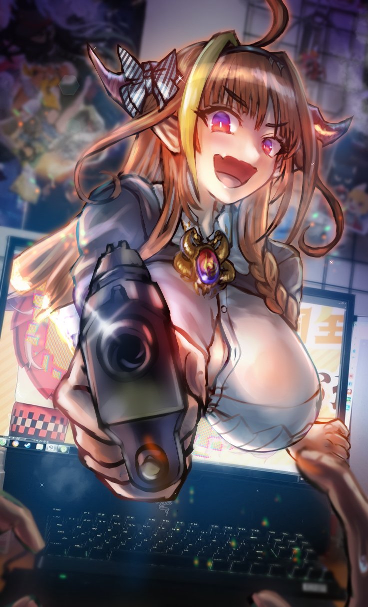 1girl 1other ahoge aiming_at_viewer at_gunpoint braid dgrp_(minhduc12333) dragon_girl dragon_horns glint gun hairband handgun highres holding holding_gun holding_weapon hololive horn_ornament horn_ribbon horns jewelry keyboard_(computer) kiryuu_coco looking_at_viewer materializing monitor multicolored_hair necklace open_mouth orange_eyes orange_hair pointy_ears pov ribbon streaked_hair virtual_youtuber weapon