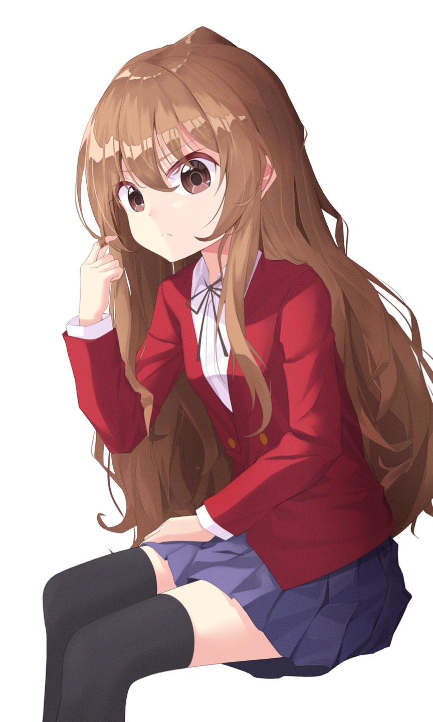 1girl aisaka_taiga bangs black_legwear blush brown_eyes brown_hair commentary_request eyebrows_visible_through_hair frown hand_in_hair hand_on_own_leg highres jacket long_hair long_sleeves looking_at_viewer oohashi_high_school_uniform pleated_skirt rapter30855 red_jacket red_ribbon ribbon school_uniform shirt simple_background skirt solo thigh-highs toradora! white_background white_shirt