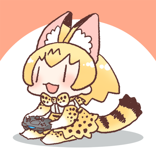 1girl :3 animal_ears blush bow bowtie chibi commentary_request controller detached_sleeves dualshock game_controller gamepad inukoro_(spa) kemono_friends lowres playing_games serval_(kemono_friends) serval_print simple_background sitting tail |_|