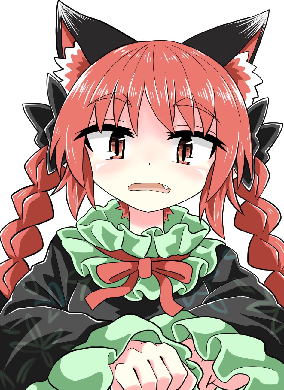 1girl animal_ears bangs black_bow black_dress bow braid cat_ears chups dress extra_ears eyebrows_visible_through_hair fang frilled_dress frilled_sleeves frills green_frills highres kaenbyou_rin looking_at_viewer medium_hair open_mouth red_bow red_eyes red_neckwear redhead simple_background solo touhou twin_braids upper_body white_background