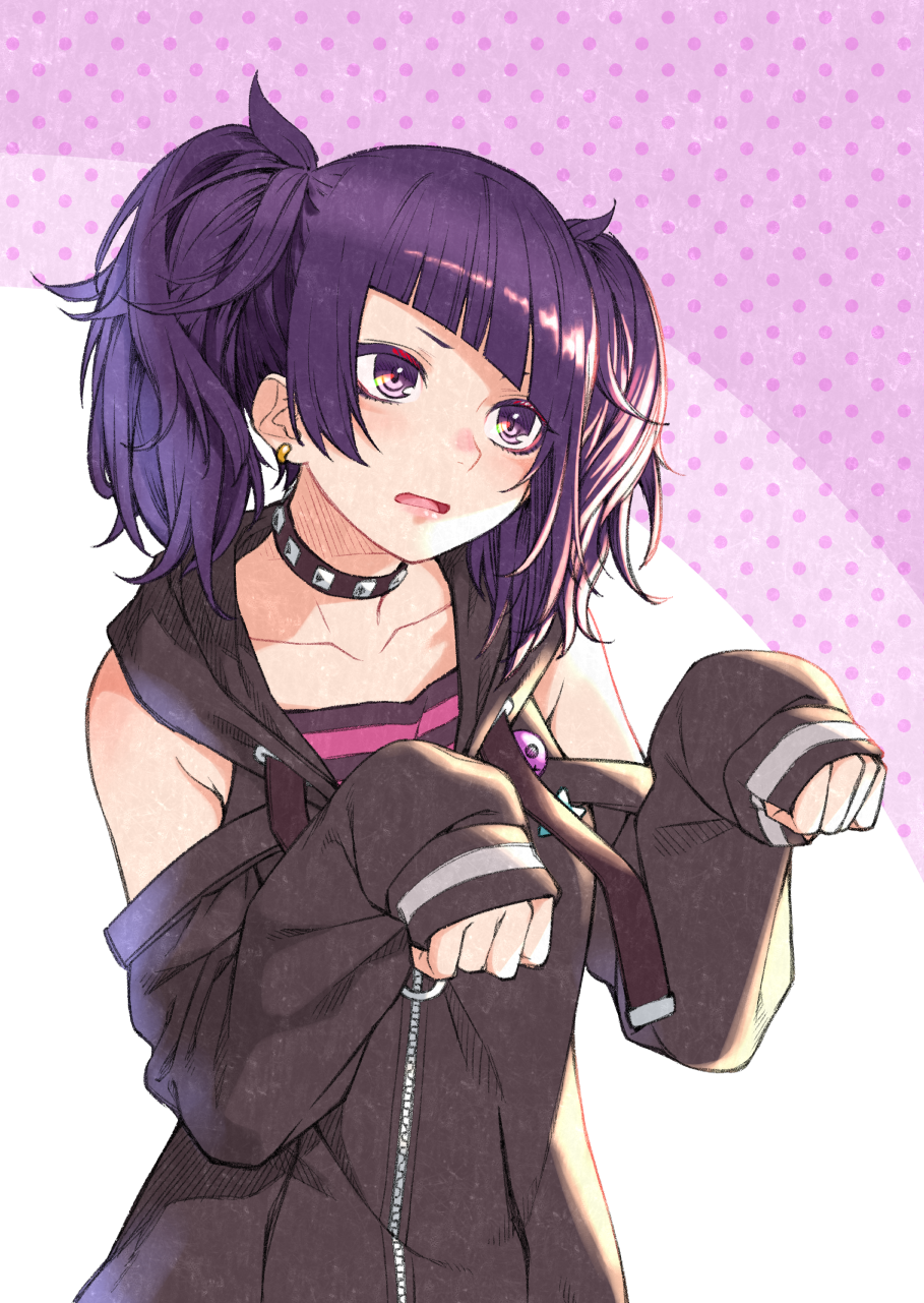 1girl aisu_reizou bangs bare_shoulders blush choker collarbone diagonal_bangs earrings highres idolmaster idolmaster_shiny_colors jewelry long_hair looking_at_viewer polka_dot polka_dot_background purple_hair short_twintails sleeves_past_wrists solo spiked_choker spikes tanaka_mamimi twintails upper_body violet_eyes zipper zipper_pull_tab