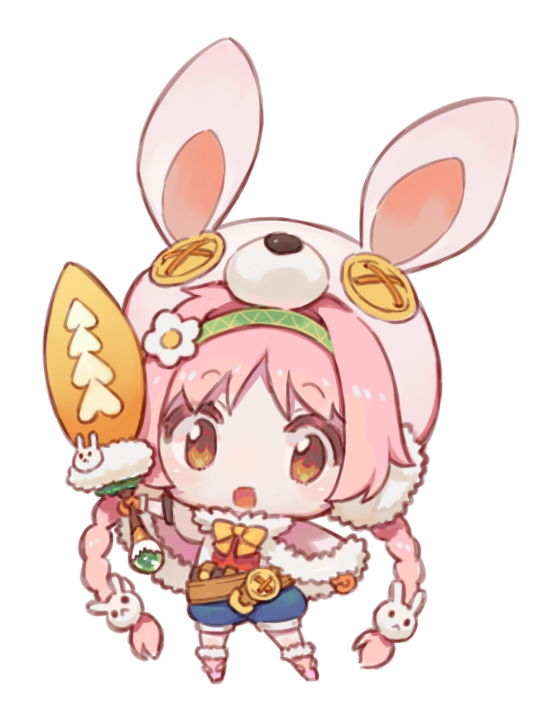 1girl amana_(pocketkey) animal_ears animal_hat bangs belt blue_shorts blush boots bow braid brown_belt brown_bow brown_eyes bunny_hair_ornament bunny_hat capelet chibi earmuffs eyebrows_visible_through_hair fake_animal_ears full_body fur-trimmed_boots fur-trimmed_capelet fur_trim hair_ornament hat holding holding_sword holding_weapon long_hair looking_at_viewer mimi_(princess_connect!) mittens open_mouth orange_mittens outstretched_arm pink_capelet pink_footwear pink_hair pink_headwear princess_connect! princess_connect!_re:dive puffy_shorts rabbit_ears shirt shorts simple_background solo standing sword twin_braids twintails very_long_hair weapon white_background white_shirt