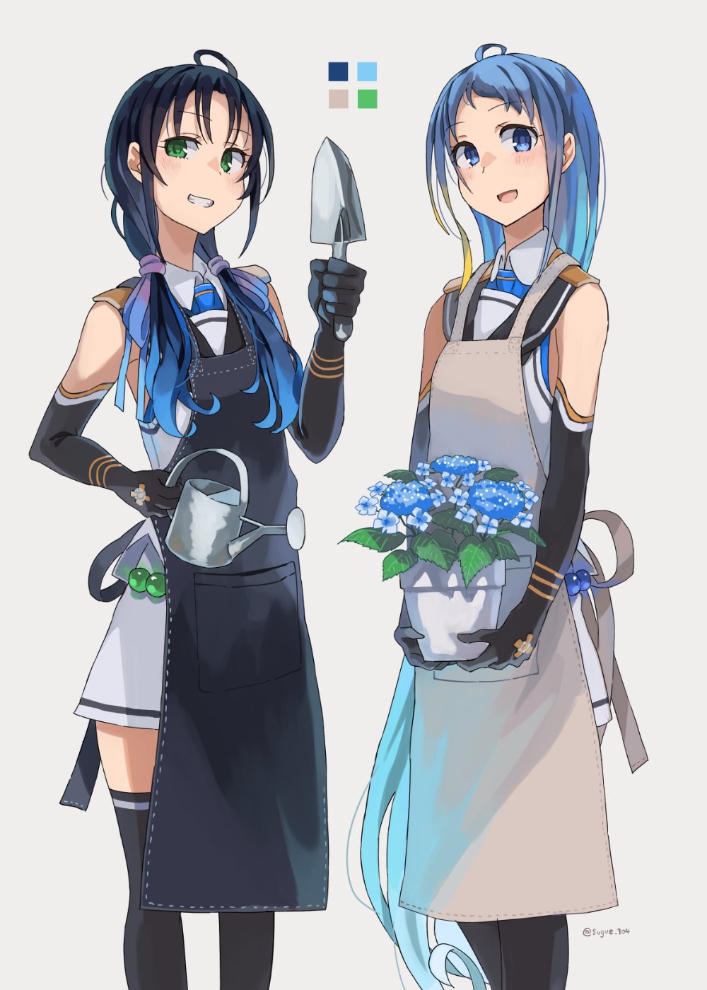 2girls ahoge apron bangs black_apron black_gloves black_legwear blonde_hair blue_eyes blue_flower blue_hair elbow_gloves eyebrows_visible_through_hair flower flower_pot gloves gradient_hair green_eyes grey_background grin highres holding kantai_collection long_hair low_twintails multicolored_hair multiple_girls open_mouth samidare_(kantai_collection) simple_background smile sugue_tettou suzukaze_(kantai_collection) thigh-highs trowel twintails twitter_username watering_can white_apron