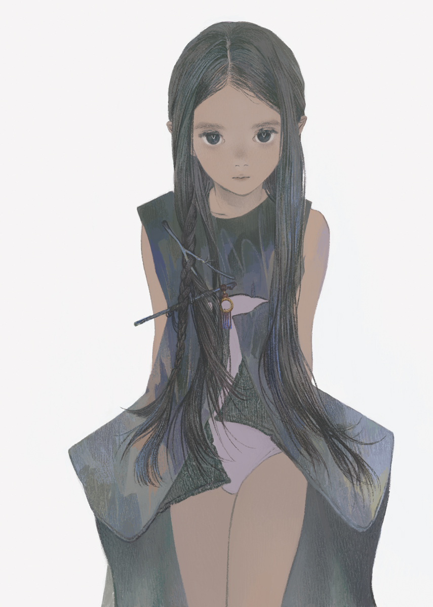 1girl arms_behind_back bare_thighs black_dress black_eyes black_hair braid bright_pupils child closed_mouth collarbone cowboy_shot dark_skin dress expressionless eyebrows eyelashes floating_hair grey_background grey_leotard hair_ornament highres legs_together leotard lips long_hair looking_at_viewer matayoshi muted_color nostrils original pointy_ears simple_background single_braid sleeveless sleeveless_dress solo straight_hair very_long_hair