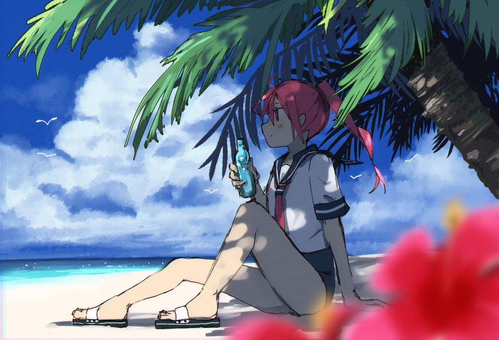 1girl bangs beach bird blue_swimsuit blurry blurry_foreground bottle clouds day flower from_side hibiscus holding holding_bottle i-168_(kantai_collection) kakiyayoshi kantai_collection long_hair ocean one-piece_swimsuit outdoors palm_tree pink_hair pink_neckwear ponytail profile ramune sailor_collar sand sandals shade sitting sky solo swimsuit swimsuit_under_clothes tree water