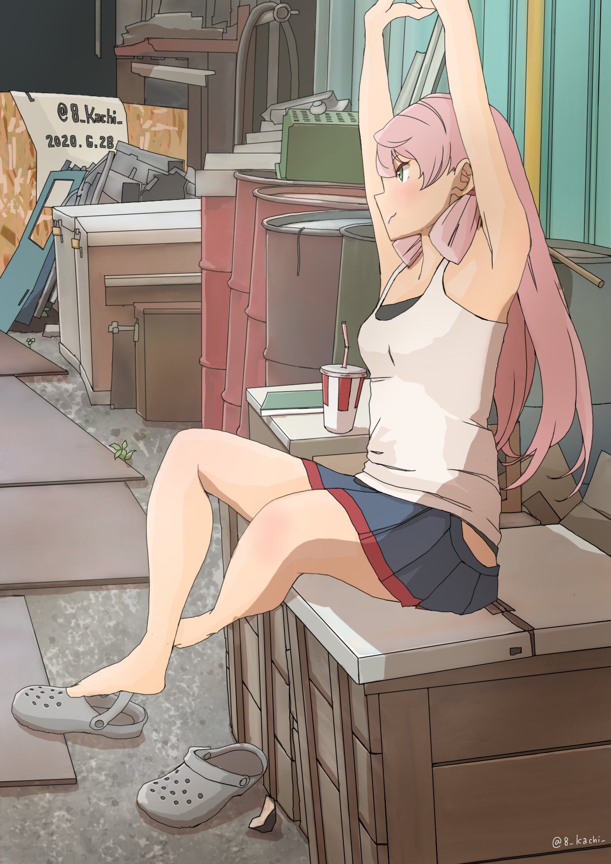 1girl akashi_(kantai_collection) alternate_costume barefoot blue_skirt box commentary_request crocs dated drum_(container) green_eyes hair_ribbon highres hip_vent kachi_(kachi5100) kantai_collection long_hair pink_hair pleated_skirt ribbon shoes_removed sitting skirt solo tank_top tress_ribbon twitter_username white_tank_top