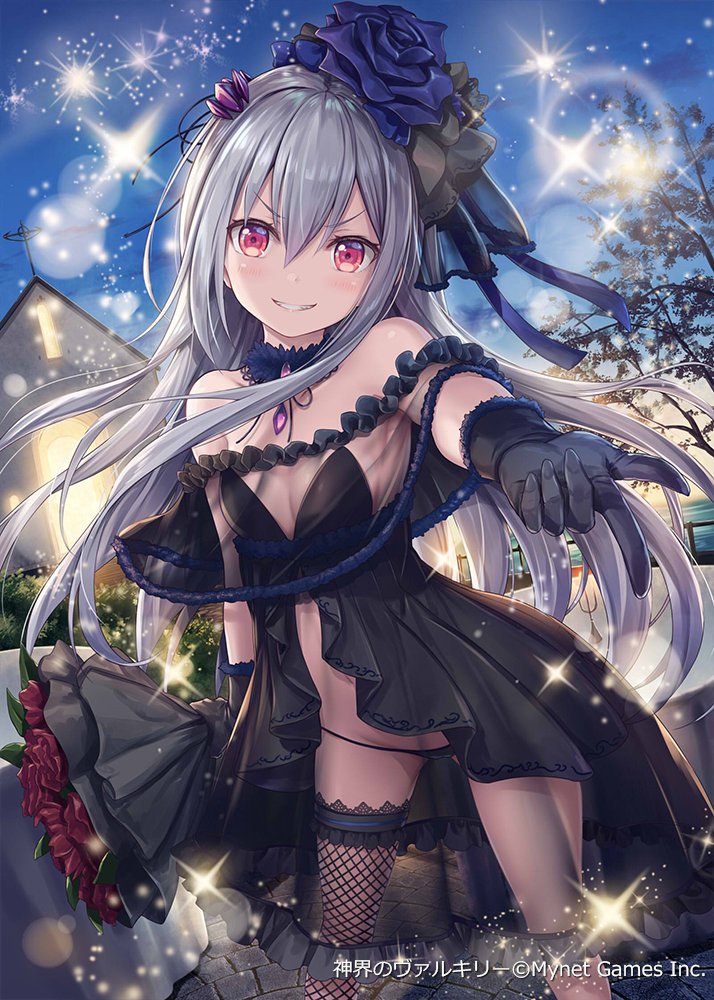 1girl akkijin babydoll bare_shoulders black_flower black_gloves black_panties bouquet breasts choker dress fishnet_legwear fishnets flower gloves grey_hair grin hair_between_eyes hair_flower hair_ornament holding lingerie long_hair looking_at_viewer off-shoulder_dress off_shoulder outdoors outstretched_arm panties pointing red_eyes red_flower rose see-through shinkai_no_valkyrie single_thighhigh small_breasts smile solo sparkle standing string_panties thigh-highs thighs underwear v-shaped_eyebrows very_long_hair