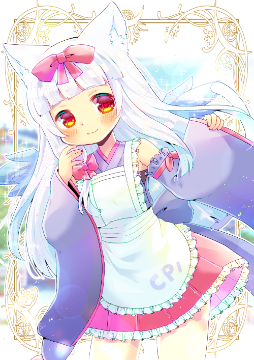 1girl animal_ear_fluff animal_ears apron bangs blue_wings blush bow cat_ears cat_girl cat_tail closed_mouth commentary_request commission detached_sleeves frilled_apron frilled_skirt frilled_sleeves frills hair_bow hands_up japanese_clothes kimono kouu_hiyoyo long_hair long_sleeves looking_at_viewer maid_apron mini_wings original pinching_sleeves pleated_skirt purple_kimono purple_sleeves red_bow red_eyes red_skirt silver_hair skirt sleeveless sleeveless_kimono sleeves_past_wrists smile solo standing tail tail_raised very_long_hair white_apron wide_sleeves wings