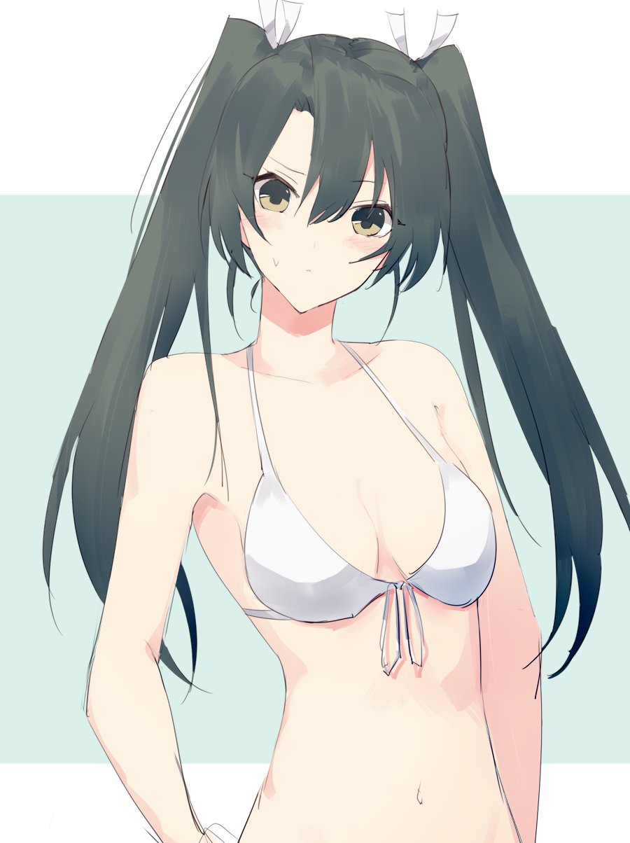 1girl alternate_costume bare_shoulders bikini blush breasts dark_green_hair hair_ribbon highres kantai_collection long_hair ribbon small_breasts solo sutaa_dasuto-kun swimsuit twintails upper_body white_bikini white_ribbon yellow_eyes zuikaku_(kantai_collection)