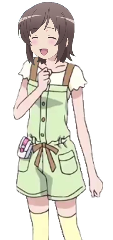 1girl 2014 blush brown_hair bukki_roll casual closed_eyes female futsuu_no_joshikousei_ga_locodol_yattemita happy looking_at_viewer open_mouth overall_shorts short_hair smile solo thigh-highs tomboy usami_nanako yellow_legwear