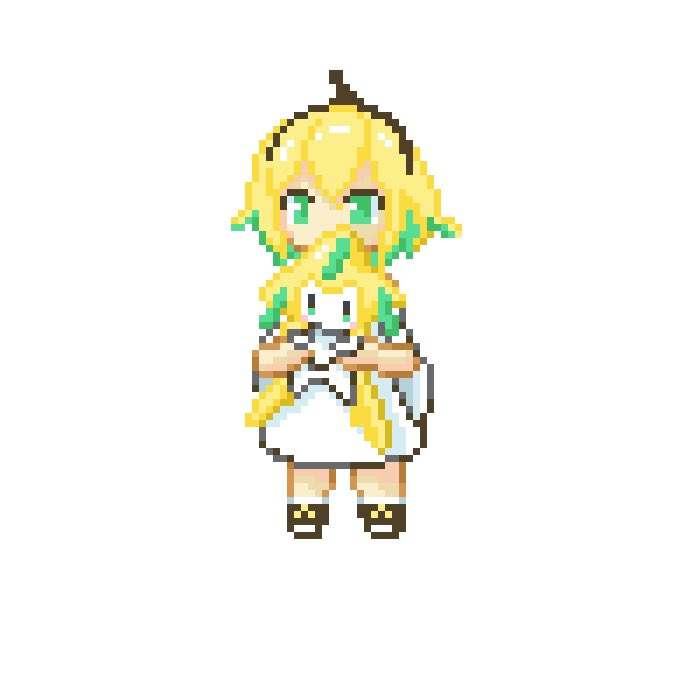 1girl amano_pikamee bangs black_footwear black_hairband blonde_hair commentary_request full_body gen_3_pokemon green_eyes green_hair hair_between_eyes hairband holding jirachi marron_(marron04142) multicolored_hair mythical_pokemon pixel_art pokemon pokemon_(creature) shirt shoes short_sleeves simple_background socks standing two-tone_hair virtual_youtuber voms white_background white_legwear white_shirt