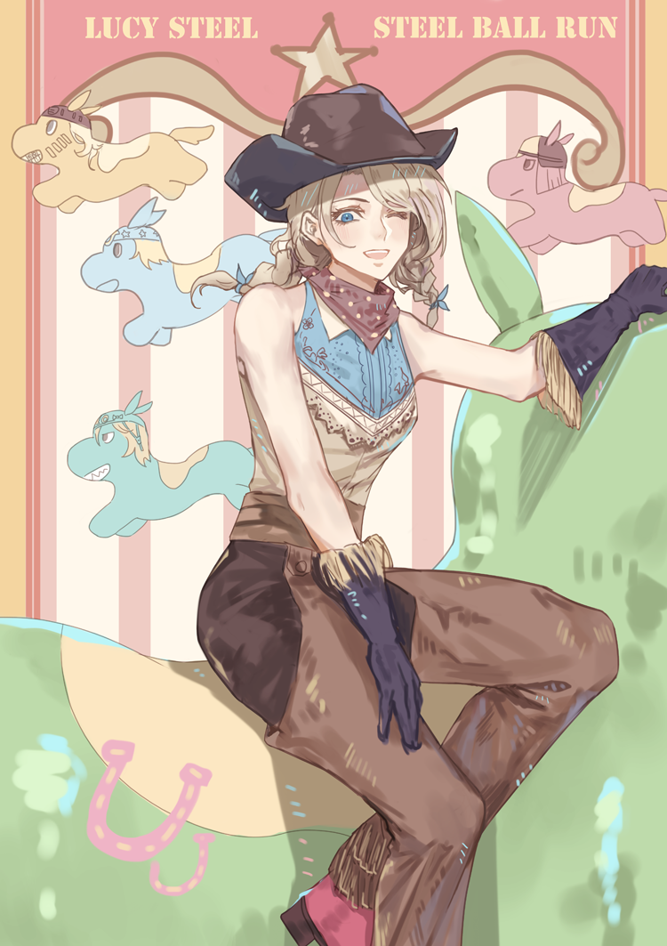 1girl blonde_hair blue_eyes boots chaps cowboy cowboy_boots cowboy_hat hat jojo_no_kimyou_na_bouken long_hair lucy_steel one_eye_closed sleeveless solo steel_ball_run tagme western yepnean