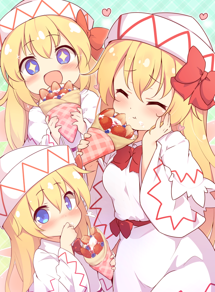 +_+ 3girls baku-p blonde_hair blue_eyes blush bow capelet closed_eyes commentary_request commission crepe dress eating fairy_wings food fruit green_background hair_bow hat highres holding holding_food lily_white long_hair looking_at_viewer multiple_girls multiple_persona open_mouth red_bow sash smile strawberry symbol-shaped_pupils touhou white_capelet white_dress white_headwear wings