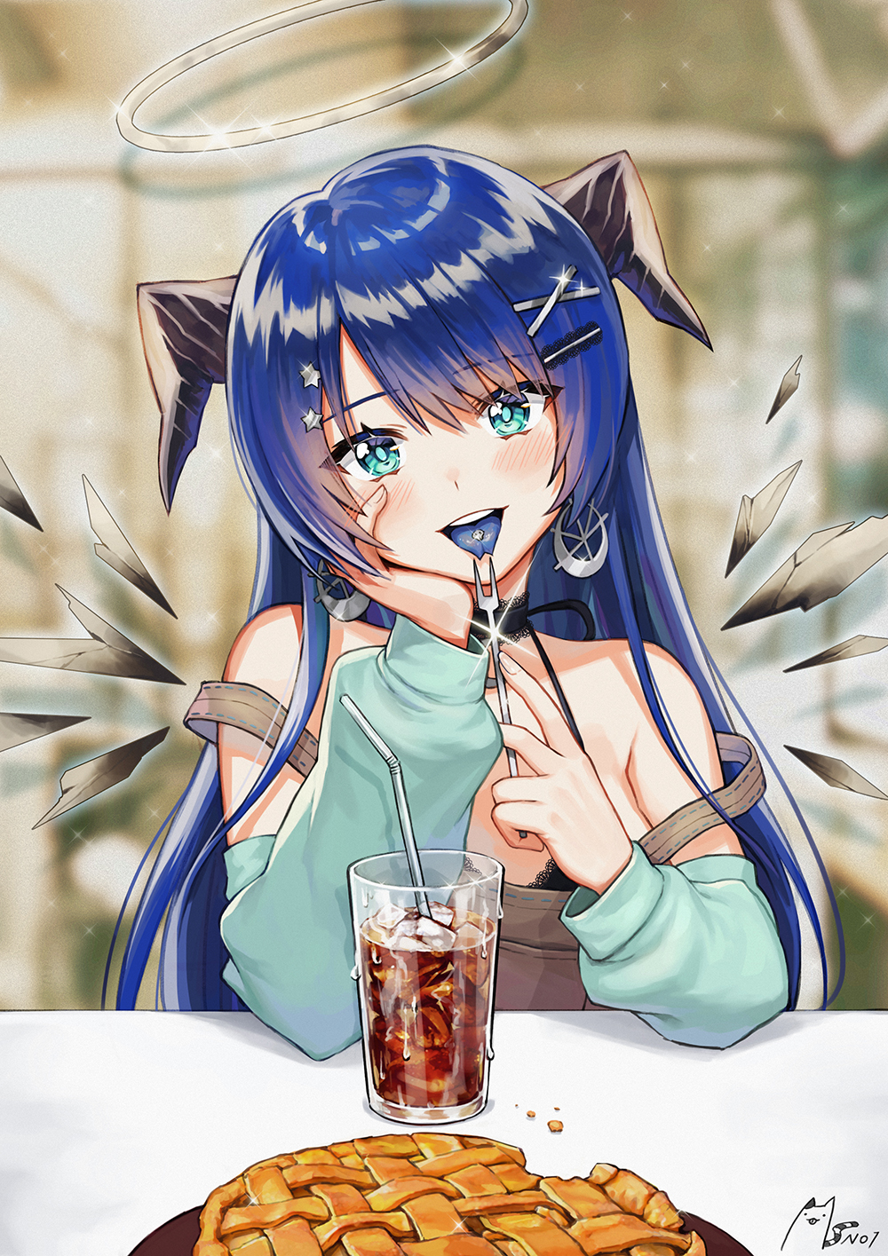 1girl :d apple_pie aqua_eyes arknights bangs bare_shoulders blue_hair blue_tongue blurry blurry_background blush commentary_request cup drinking_glass drinking_straw earrings eyebrows_visible_through_hair food glint hair_ornament hairclip halo hands_up head_tilt highres holding horns ice ice_cube jewelry long_hair long_sleeves looking_at_viewer mostima_(arknights) noixen off-shoulder_shirt off_shoulder open_mouth pie piercing shirt smile solo tongue tongue_piercing upper_body