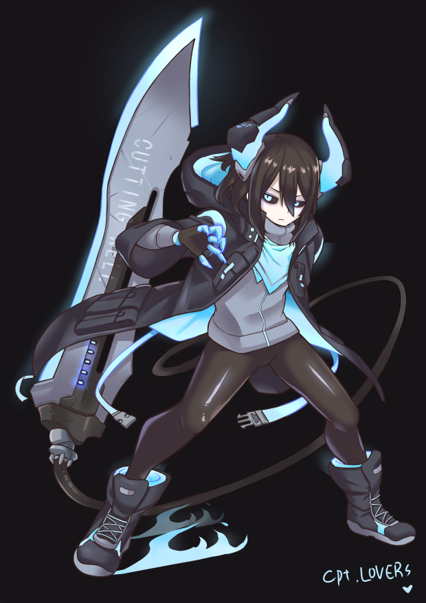 1boy black_background black_footwear black_gloves black_jacket black_sclera blade blue_eyes brown_hair claws closed_mouth english_text fingerless_gloves gloves glowing glowing_horns hair_between_eyes hood hood_down hooded_jacket horns huge_weapon jacket long_hair mechanical_tail open_clothes open_jacket original otoko_no_ko scratches signature simple_background slit_pupils solo standing tail turtleneck weapon zenes_9440