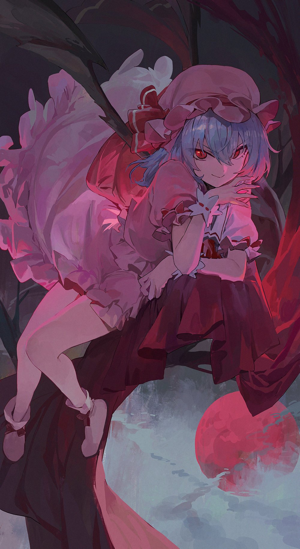 1girl bat_wings blue_hair dress highres looking_at_viewer mossi pink_dress pink_headwear red_eyes remilia_scarlet short_hair solo touhou v-shaped_eyebrows wings